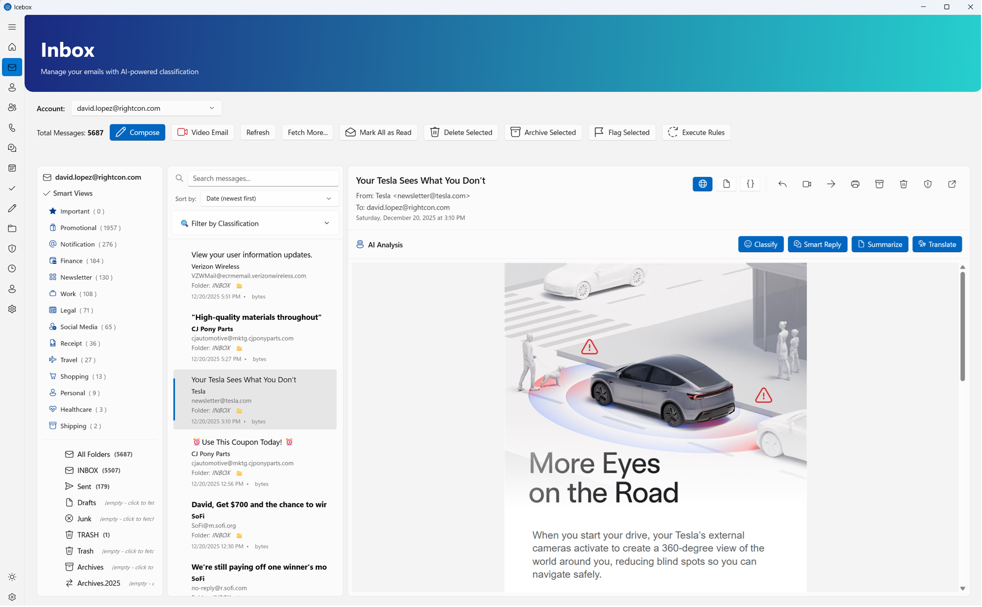 Bandeja de entrada unificada de Icebox con clasificación de correo impulsada por IA